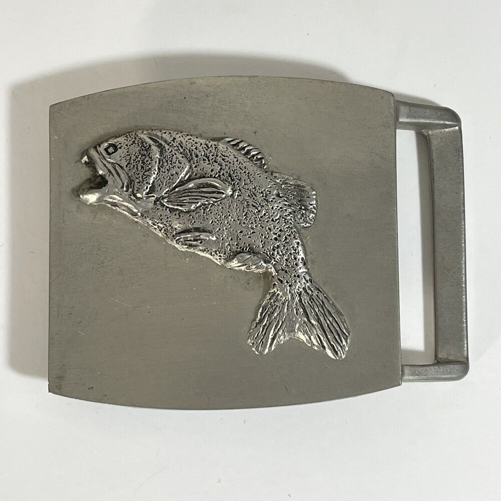 John E McCann Vintage Wide Mouth Bass Pewter Belt Buckle